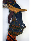 Colorful wooden Wayang Kulit shadow puppets with ornate patterns, set of 3, displayed together.