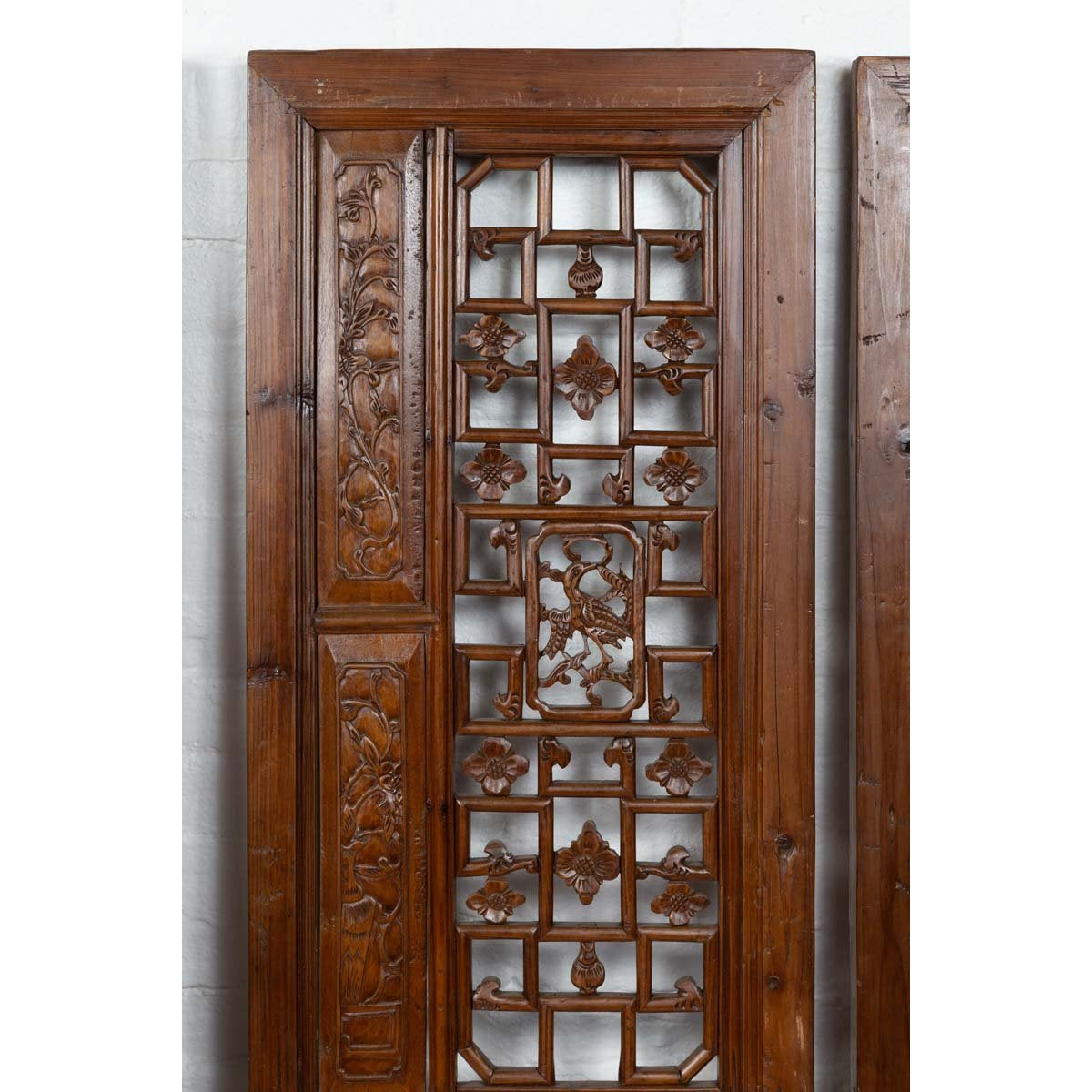 Set of Four Carved Elm Screen Panels with Fretwork, Foliage and Floral Motifs-13. Asian & Chinese Furniture, Art, Antiques, Vintage Home Décor for sale at FEA Home