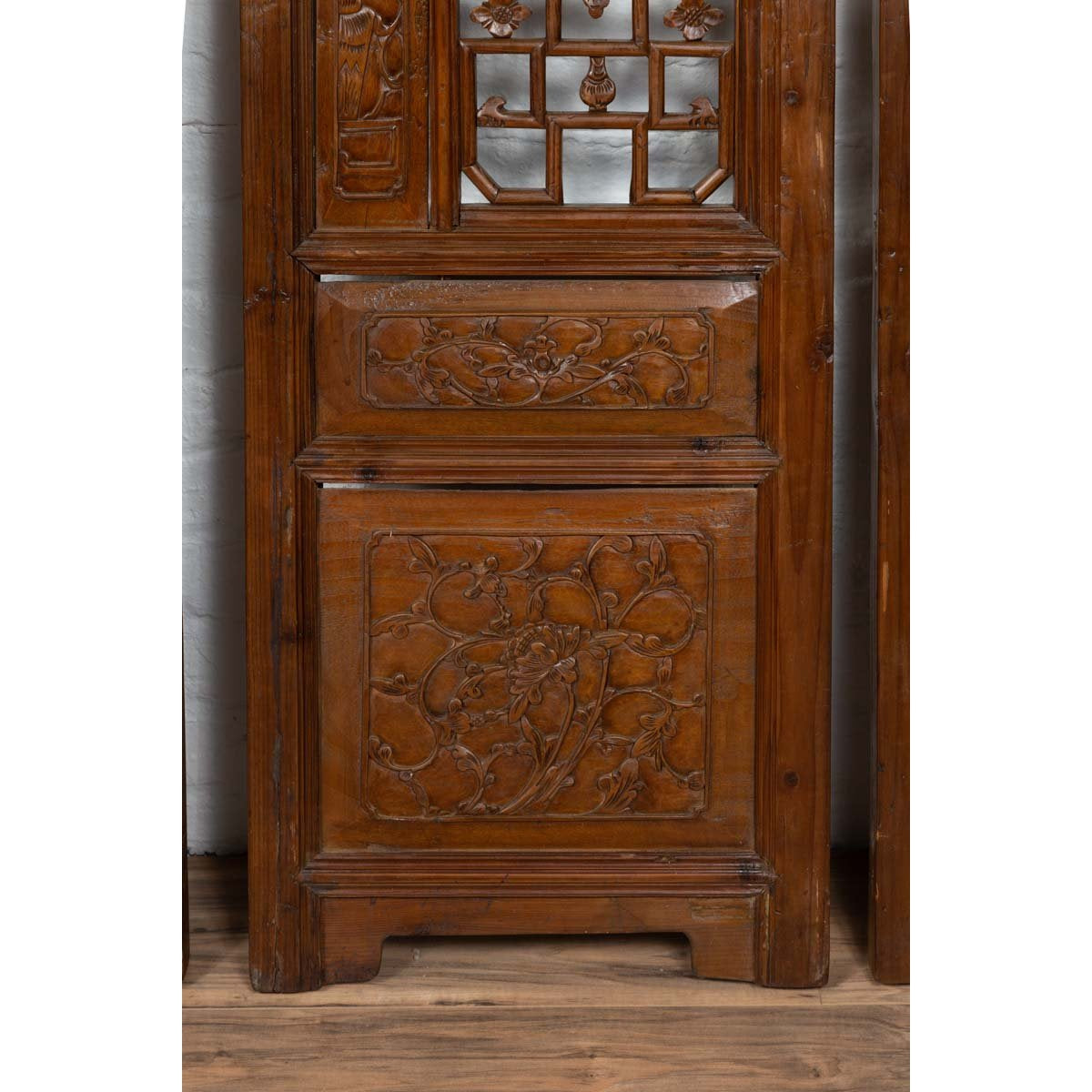Set of Four Carved Elm Screen Panels with Fretwork, Foliage and Floral Motifs-14. Asian & Chinese Furniture, Art, Antiques, Vintage Home Décor for sale at FEA Home