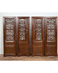 Brown carved elm wood screen panels with fretwork, foliage, and floral motifs, set of four, wall décor view.