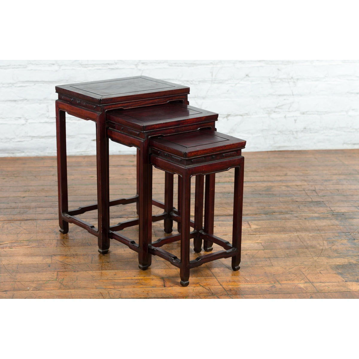 Set of Three Chinese Vintage Rosewood Nesting Tables with Reddish Brown Patina-3. Asian & Chinese Furniture, Art, Antiques, Vintage Home Décor for sale at FEA Home