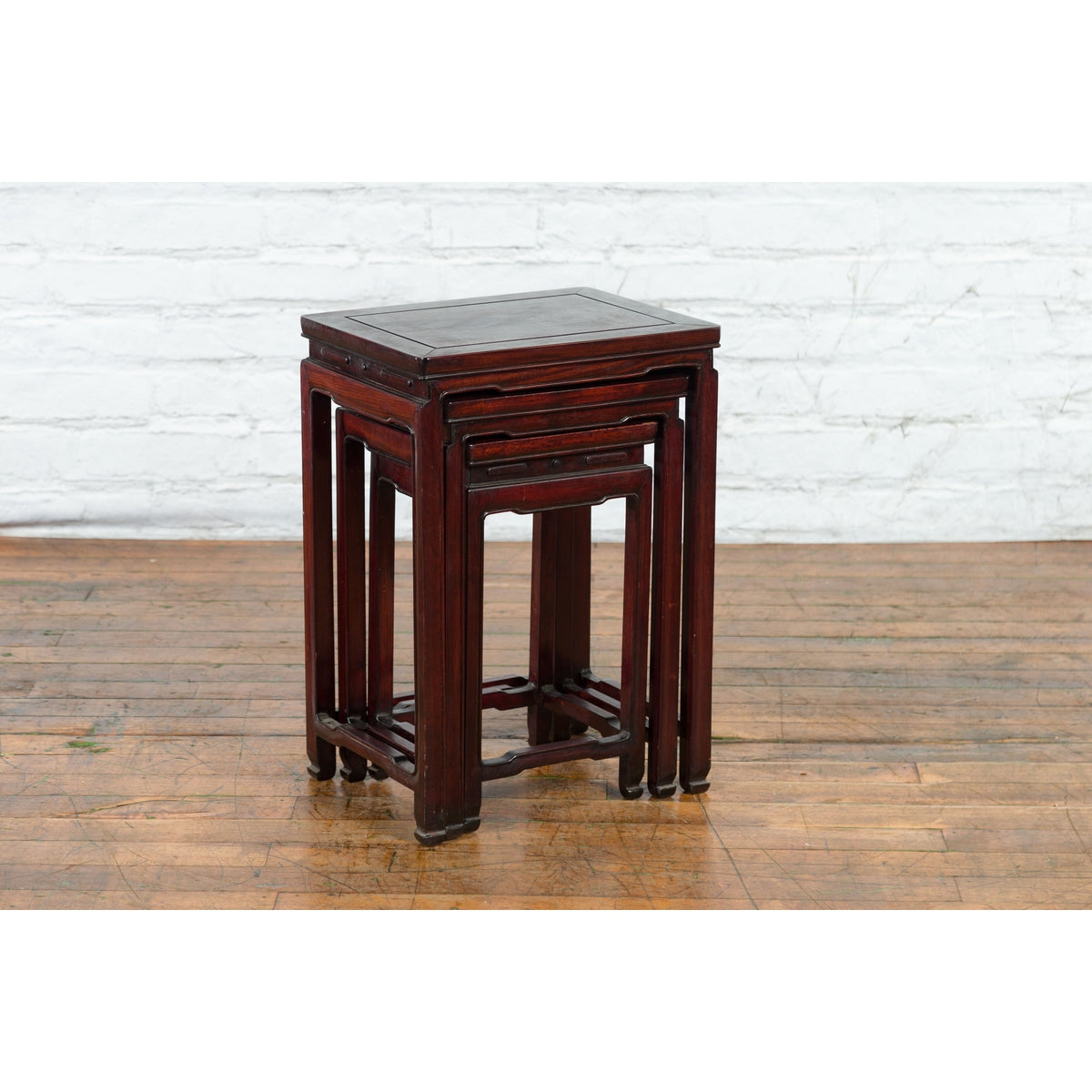 Set of Three Chinese Vintage Rosewood Nesting Tables with Reddish Brown Patina-5. Asian & Chinese Furniture, Art, Antiques, Vintage Home Décor for sale at FEA Home