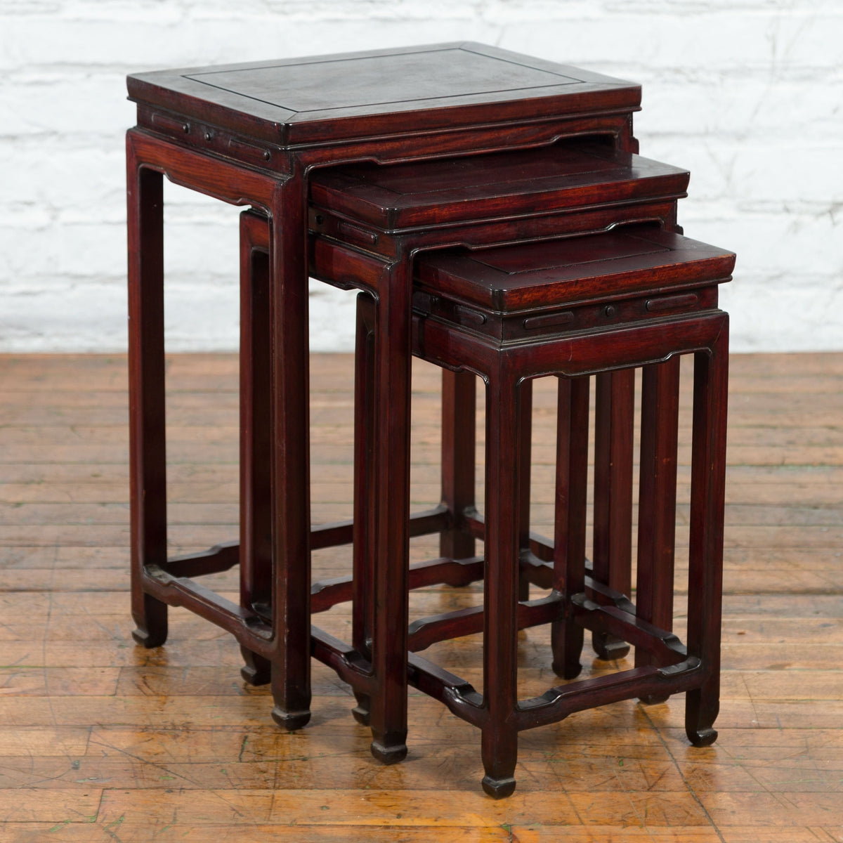 Set of Three Chinese Vintage Rosewood Nesting Tables with Reddish Brown Patina-6. Asian & Chinese Furniture, Art, Antiques, Vintage Home Décor for sale at FEA Home