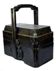 Close-up of vintage dark wood Shandong elm wedding box with handle, ornate clasp, and two stacked compartments.