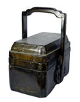 Dark brown wood Shandong Elm wedding box with carved accents and handle, antique finish, close-up.