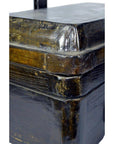 Close-up of dark, glossy wood grain on corner of Shandong Elm Wedding Box, showing smooth, well-kept texture.