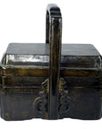 Dark wood elm wedding box with tall curved handle and decorative front, rectangular, close-up view.