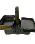 Brown wooden basket with handle, includes two rectangular trays, one open, vintage look, in good condition.