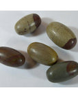 Brown and tan banded Shiva Lingam fertility stones, medium size, close-up on white background.