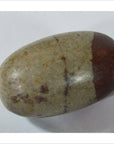 Close-up of a grey Shiva Lingam medium fertility stone with a dark brown end on a white surface.
