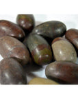 Brown and gray Shiva Lingam small fertility stones on a white surface, close-up view.