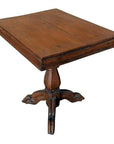 Natural wood handmade Colonial tripod table with square top and single pedestal base, vintage patina, isolated view.