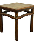 Natural wood elm table or stool with square top, four thick legs, rustic finish, close-up furniture product image.
