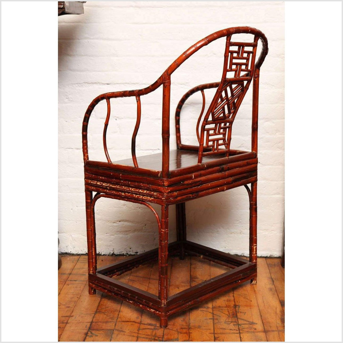 Single 19th Century Chinese Horseshoe-Back Bamboo Armchair with Elm Base-8. Asian & Chinese Furniture, Art, Antiques, Vintage Home Décor for sale at FEA Home