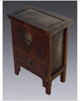 Brown elmwood side table with drawer, metal handles, and four short legs, vintage Chinese design, close-up view.