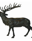 Bronze stag sculpture with large antlers, head raised and mouth open, bronze finish, full view.