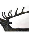 Bronze stag sculpture with large antlers and open mouth, displayed on a plain white background.