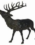 Bronze stag sculpture with large antlers and raised head, displayed on a white background.
