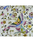 White porcelain vase with hand painted colorful butterflies and pink, yellow, blue flowers, tall design, close-up view.