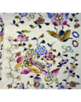 White porcelain vase with hand painted colorful birds, butterflies, and floral designs, shown on white background.