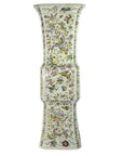 White porcelain tall Chinese vase with hand painted floral and butterfly design, flared top, close-up view.