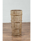 Tall Vintage Rustic Wooden Barrel with Slatted Body and Rope-Style Motifs-5. Asian & Chinese Furniture, Art, Antiques, Vintage Home Décor for sale at FEA Home