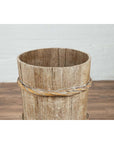 Tall Vintage Rustic Wooden Barrel with Slatted Body and Rope-Style Motifs-6. Asian & Chinese Furniture, Art, Antiques, Vintage Home Décor for sale at FEA Home