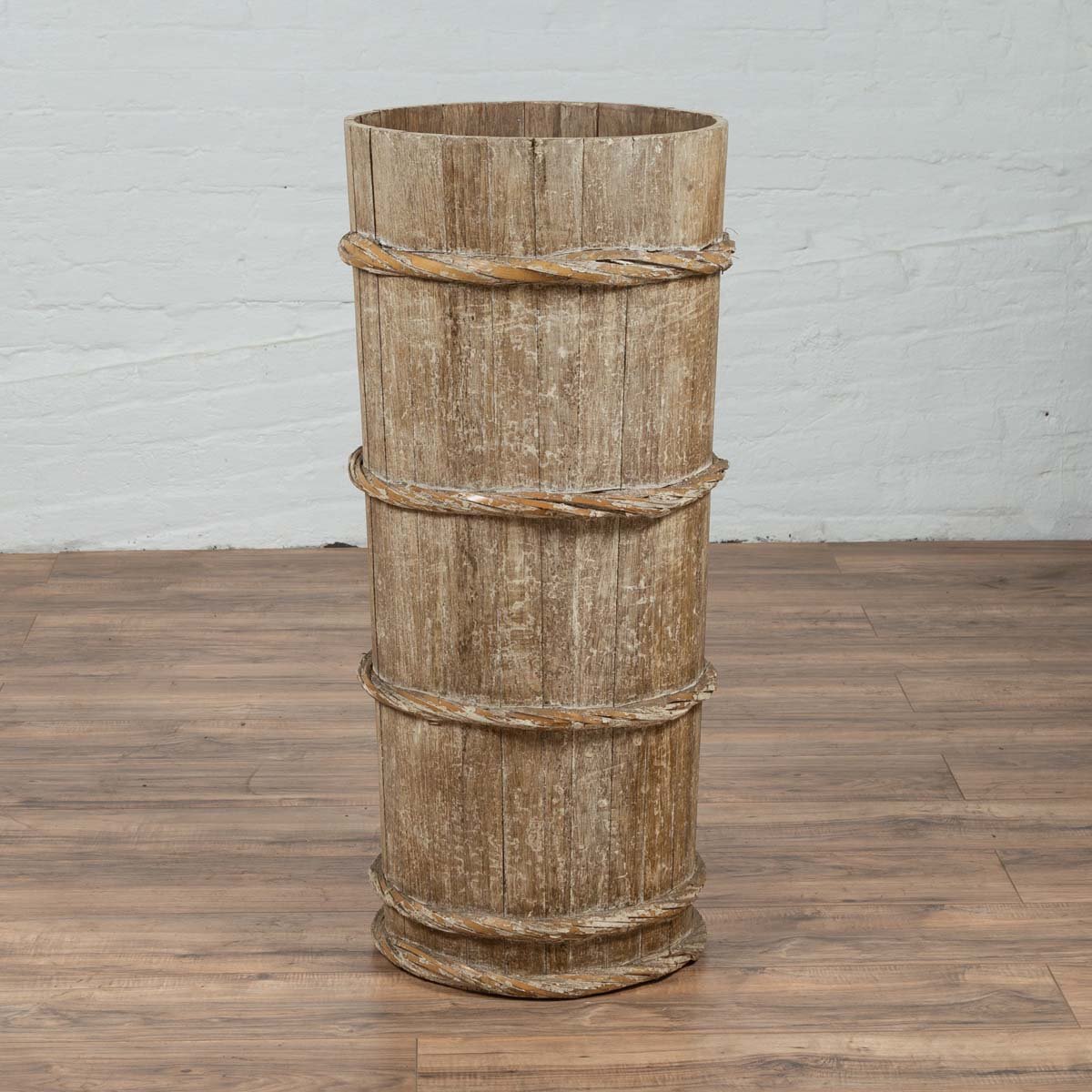 Tall Vintage Rustic Wooden Barrel with Slatted Body and Rope-Style Motifs-3. Asian & Chinese Furniture, Art, Antiques, Vintage Home Décor for sale at FEA Home