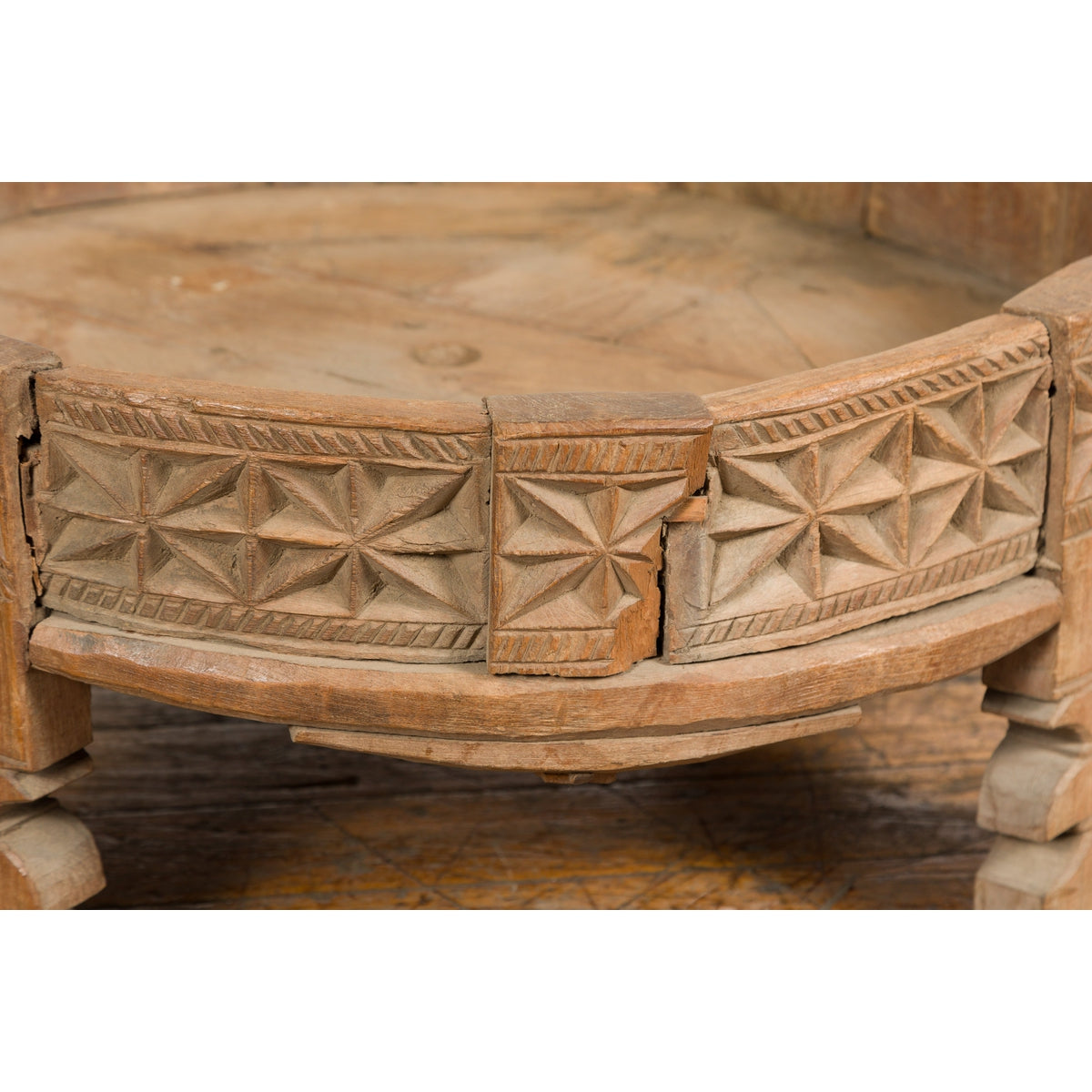 Teak 1920s Indian Chakki Grinding Table with hand carved Geometric Décor-9. Asian & Chinese Furniture, Art, Antiques, Vintage Home Décor for sale at FEA Home