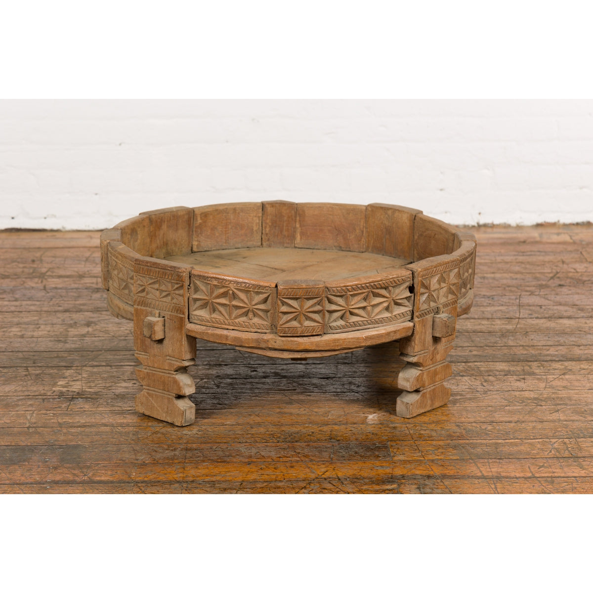Teak 1920s Indian Chakki Grinding Table with hand carved Geometric Décor-17. Asian & Chinese Furniture, Art, Antiques, Vintage Home Décor for sale at FEA Home