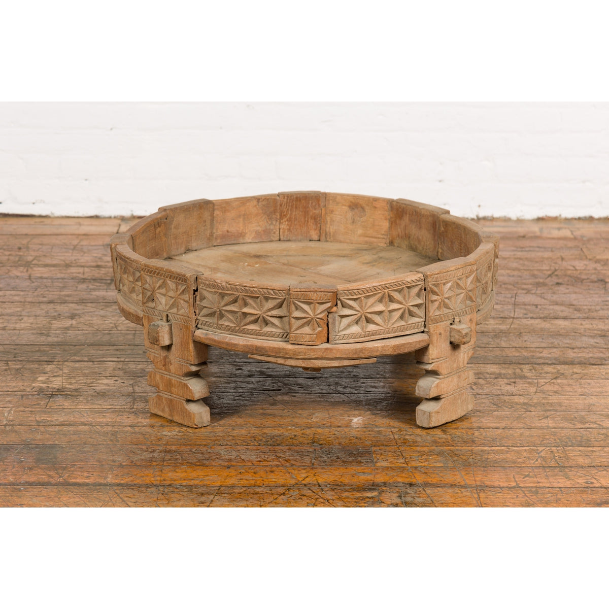 Teak 1920s Indian Chakki Grinding Table with hand carved Geometric Décor-6. Asian & Chinese Furniture, Art, Antiques, Vintage Home Décor for sale at FEA Home