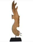 Abstract brown carved wood dragon sculpture on metal base, 19th c. Thai temple art, display mounted.