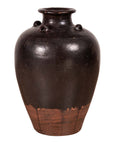 Brown ceramic Thai water jar, early 20th century, with small handles, narrow neck, and light band near the base.