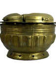 White brass tiered betel nut box with three hinged lids and engraved patterns, close-up on white background.