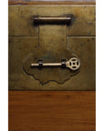 Close-up of ornate brass hardware and key on elmwood surface of Chinese trunk.