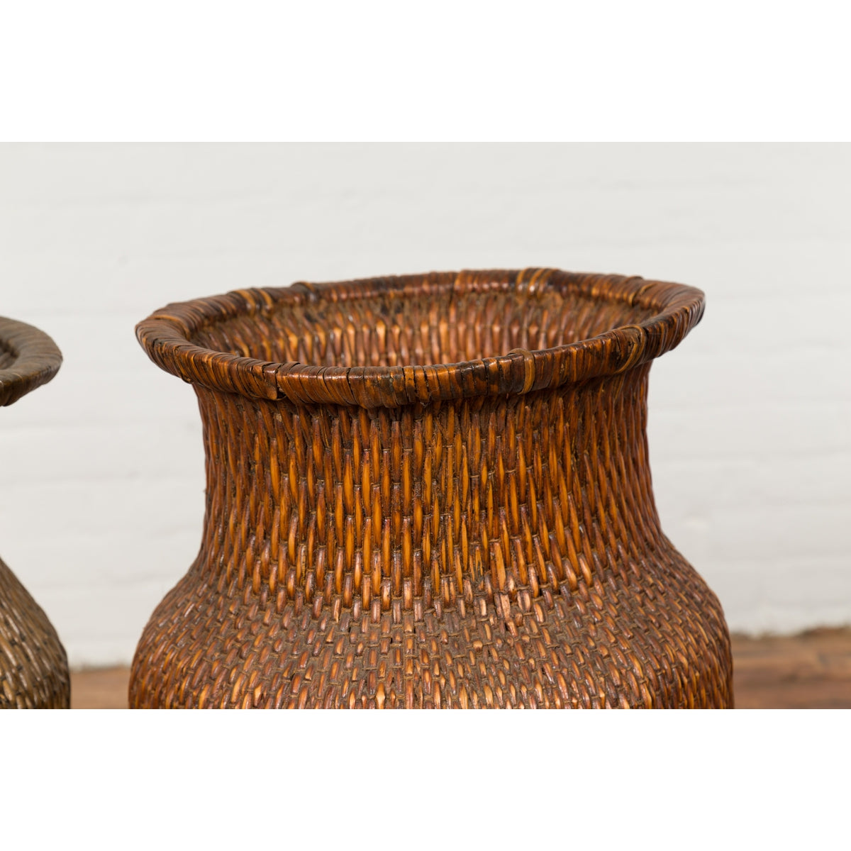 Two Oversized Chinese Rattan Grain Baskets with Flaring Necks, Sold Each-10. Asian & Chinese Furniture, Art, Antiques, Vintage Home Décor for sale at FEA Home