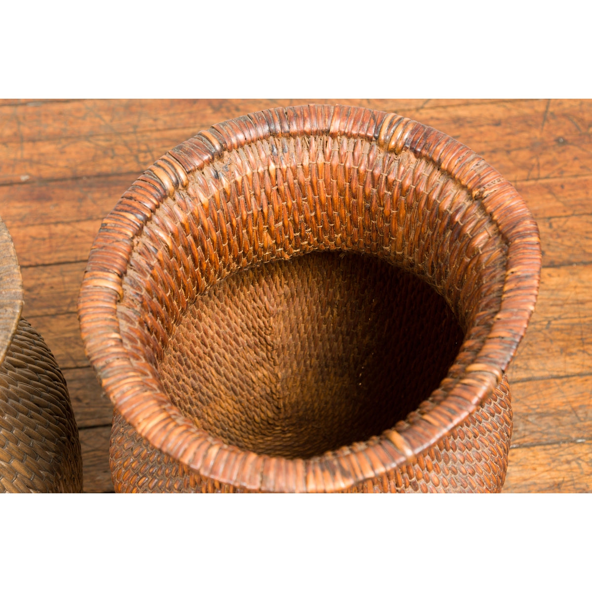 Two Oversized Chinese Rattan Grain Baskets with Flaring Necks, Sold Each-14. Asian & Chinese Furniture, Art, Antiques, Vintage Home Décor for sale at FEA Home