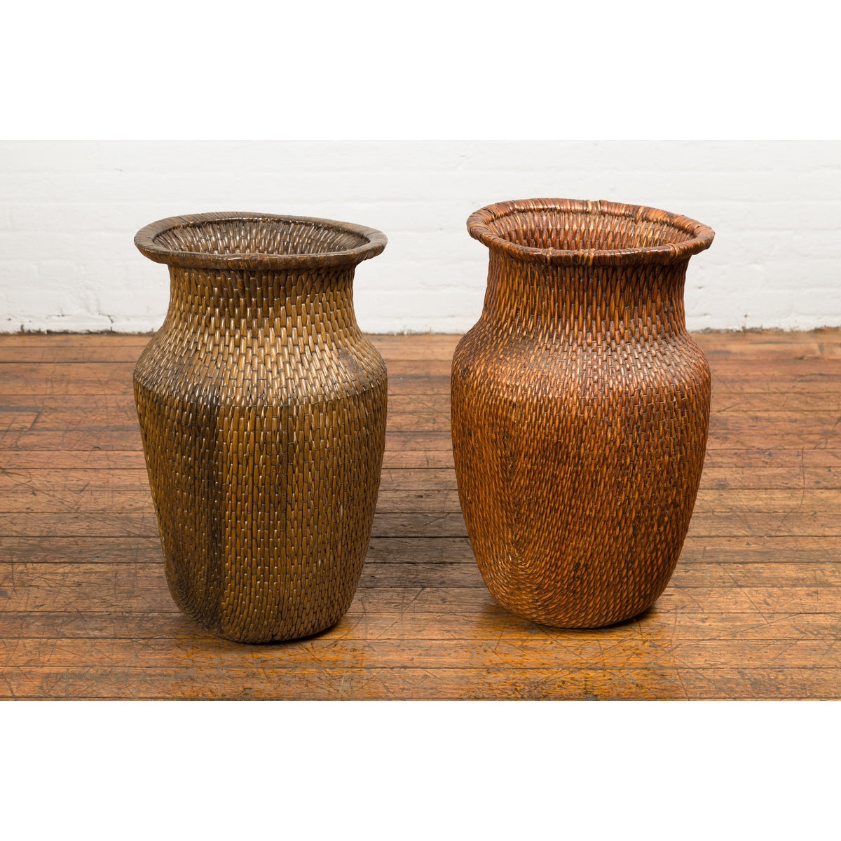 Two Oversized Chinese Rattan Grain Baskets with Flaring Necks, Sold Each-16. Asian & Chinese Furniture, Art, Antiques, Vintage Home Décor for sale at FEA Home