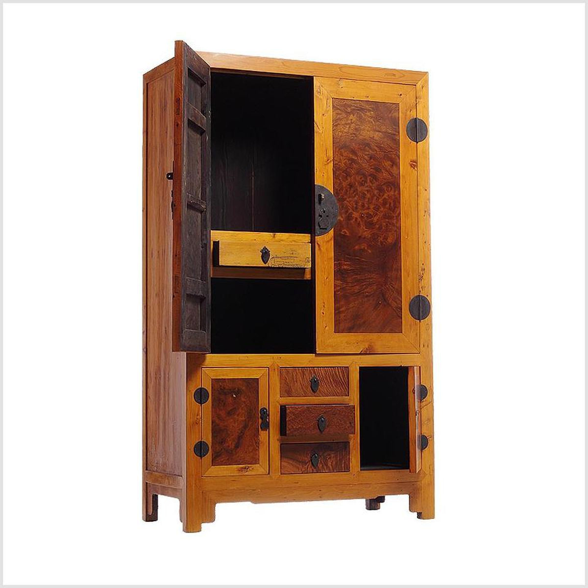 Two-Tone Burl Wood, Elmwood Armoire with Doors and Drawers-4. Asian & Chinese Furniture, Art, Antiques, Vintage Home Décor for sale at FEA Home