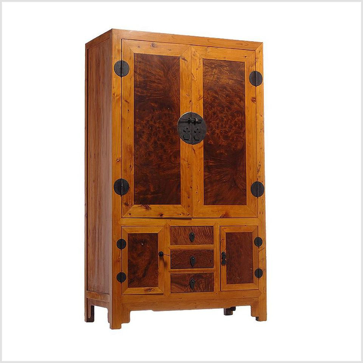 Two-Tone Burl Wood, Elmwood Armoire with Doors and Drawers-5. Asian & Chinese Furniture, Art, Antiques, Vintage Home Décor for sale at FEA Home
