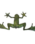 Verde gris bronze frog sculpture with wide spread limbs on a white background.