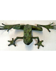 Verde gris bronze pond frog sculpture overhead on white background.