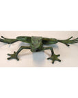 Close-up of verde gris bronze pond frog sculpture with long front legs, very good condition.