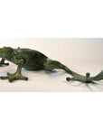 Verde gris bronze pond frog sculpture with elongated legs in a dynamic pose, shown in very good condition.