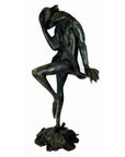 Green-grey bronze frog statue in a suit tipping its hat, lost wax technique, on neutral background.