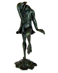Verde gris bronze frog figurine tipping hat, one leg raised, crafted by lost wax technique.