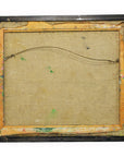 Wooden frame with paint marks and hanging wire on back of vintage abstract oil painting, close-up view.