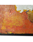 Close-up of orange, yellow, and white abstract oil painting on canvas in black frame.
