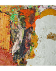 Close-up of orange, yellow, and white oil paint on canvas, thick texture, abstract painting.
