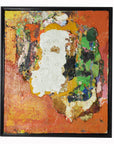 Orange, green, yellow, and white abstract oil painting on canvas with textured layers in black frame.